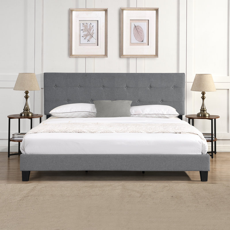 Upholstered Platform Bed Frame With Modern Button Tufted Linen Fabric Headboard, No Box Spring Needed, Wood Slat Support, Easy Assembly