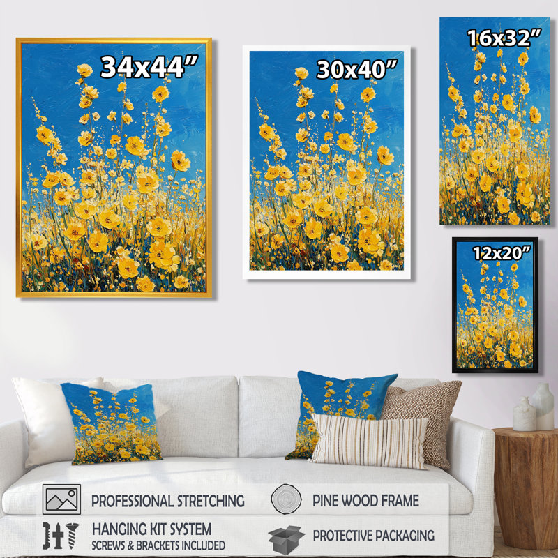 «Yellow Daylight Joy Wildflowers III - Wildflowers», art encadré, H 44 po x l 34 po, Reproduction avec cadre flottant, Brun