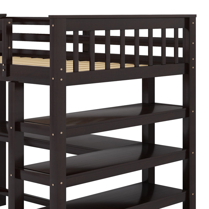 Lit mezzanine en bois de pin massif avec bureau sous le lit et tablettes de rangement, Lit double, Espresso