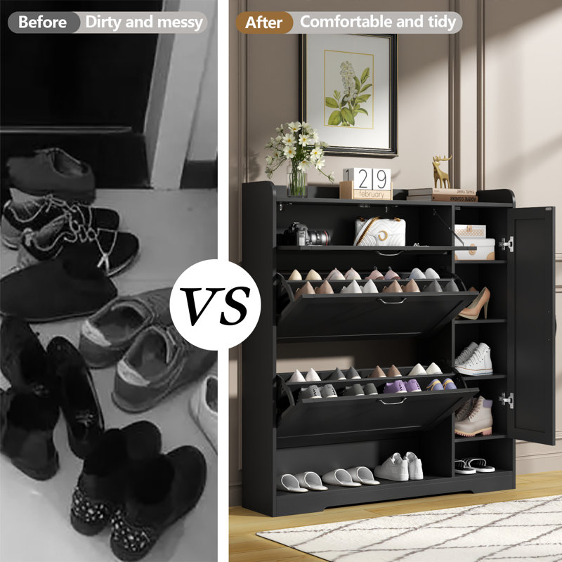 Armoire à chaussures avec 2 tiroirs rabattables, range-chaussures autoportant avec armoire latérale, Noir, noir, noir, noir