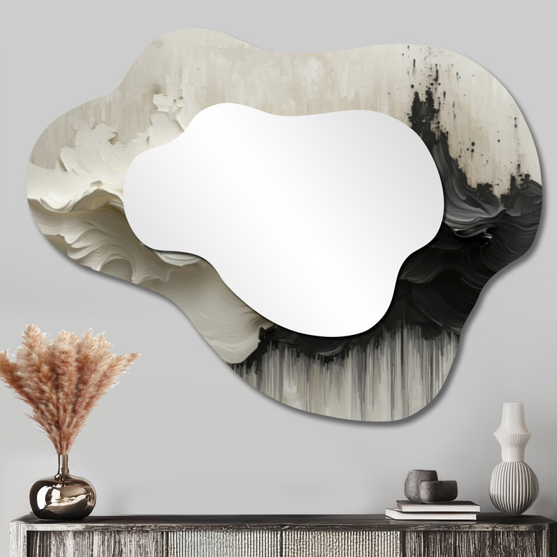 Black White Unbound Horizons Drip Painting I - Drip Painting Irregular Asymmetrical Mirror, Modern Wall Mirror, Printed on Metal