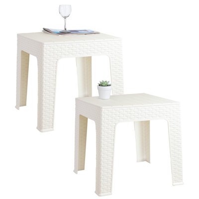 Plastic Square Patio Side Table - 17.75" - White Faux Plank Tabletop - Set of 2