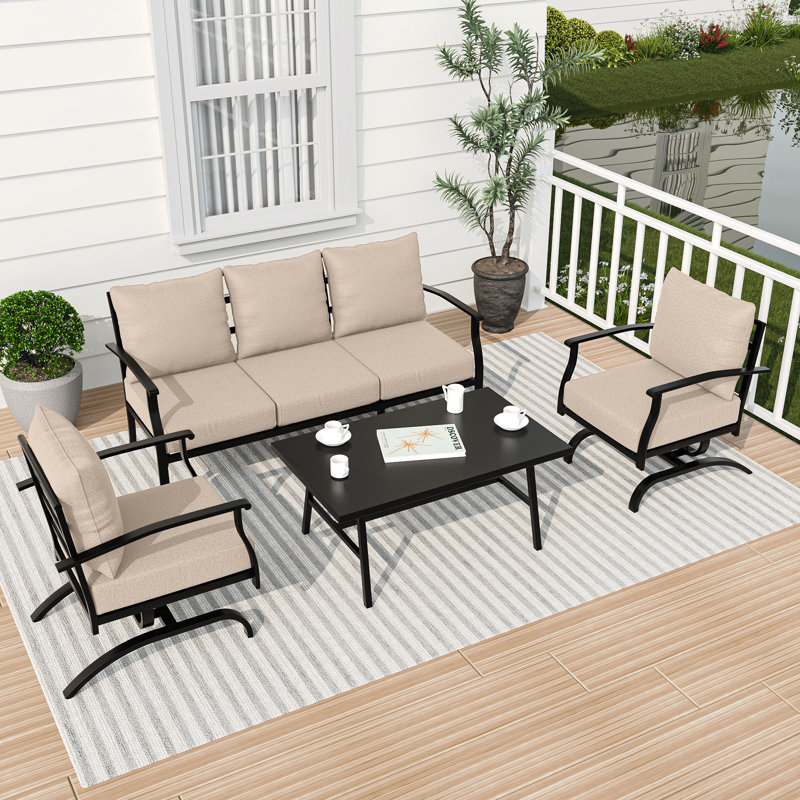 4-Piece Outdoor Metal Patio Conversation Set With Cushions, Tan