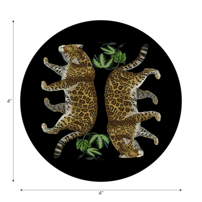 Leopard Seeing Double Evergreen Vegan Leather Round Coasters, Black