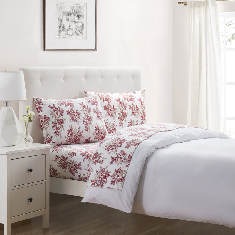 Full Red Floral Cotton Flannel Sheet Set