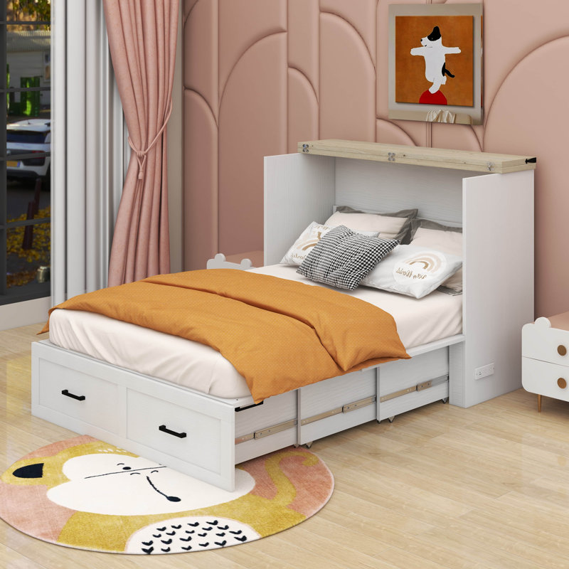 Lit escamotable double avec station de charge, Blanc