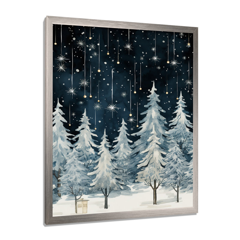 «Winter Pine Tree Starry Night Sky I», reproduction sur toile encadrée, H 44 po x l 34 po x P 1,5 po, Cadre photo argenté