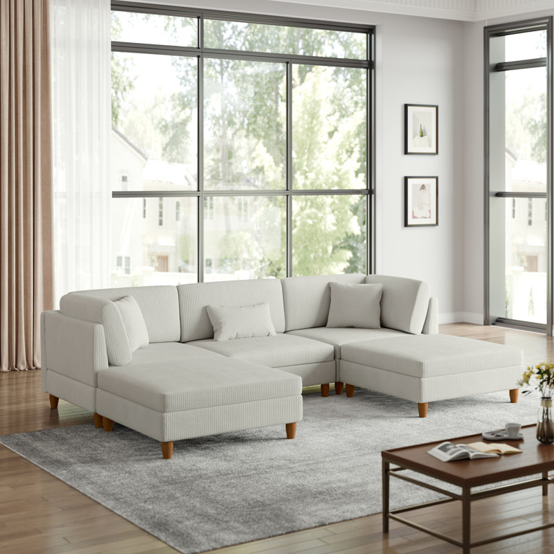 Seemab 5 - Piece Upholstered Sea Salt Gray Corduroy Modular Sectional with Pillow Back and Removable Ottoman, Sea Salt Gray