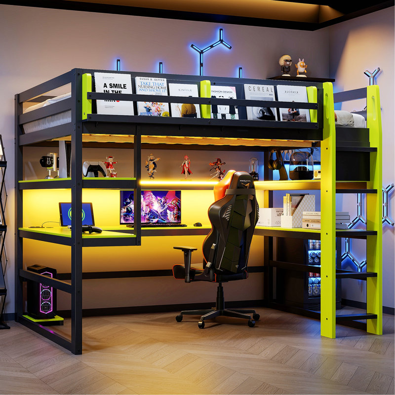 Lit mezzanine en bois avec bureau, tablettes de rangement et lumière RVB
