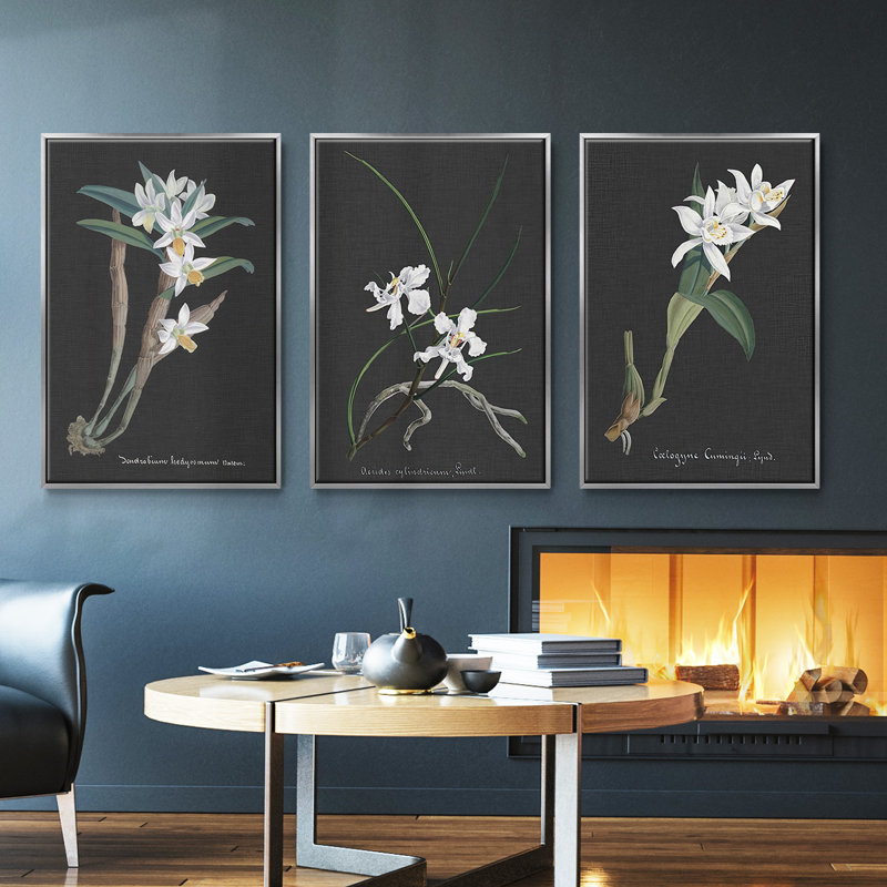 Indigo Botany Study IV, ensemble de 3 toiles encadrées, H 36 po x l 72 po, Encadrement argenté
