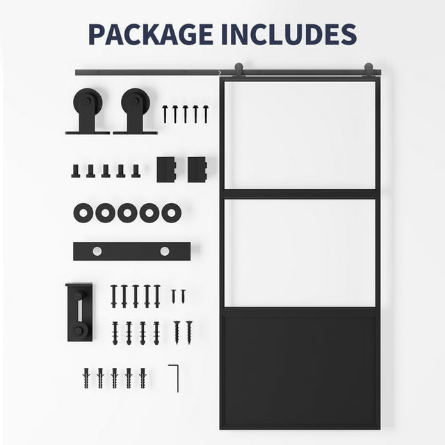 Black Aluminum and Frosted Glass Sliding Barn Door with Hardware Kit