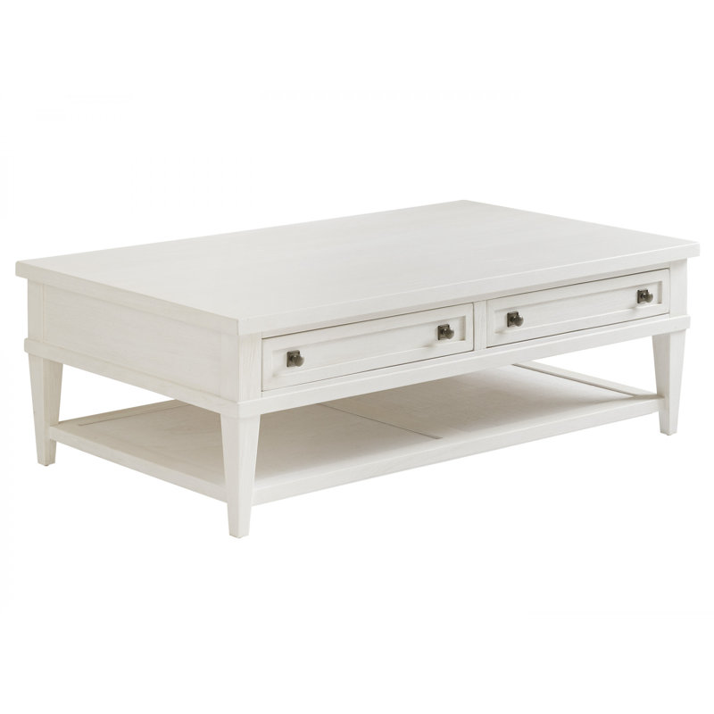 Transitional Shell White Mahogany Rectangular Coffee Table with Storage
