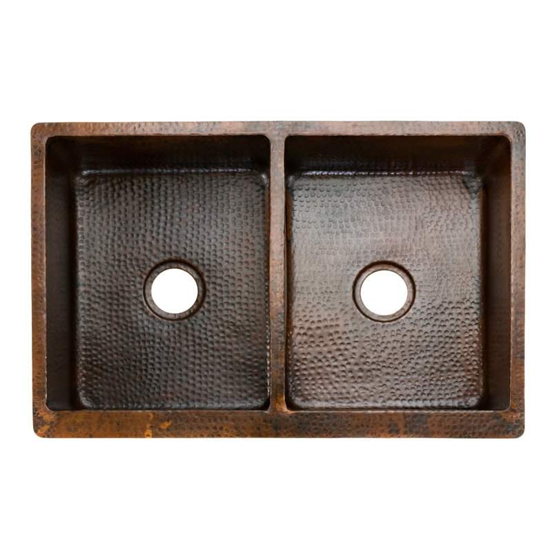 33" Hammered Copper Double Basin Kitchen Sink with Barrel Strap Design
