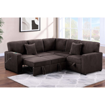 Canapé d'angle convertible moderne 3 pièces avec rangement intégré et lit gigogne, tissu aspect fourrure chocolat, mécanisme, oreiller inclus. Parfait pour le salon. Finition et fibres.