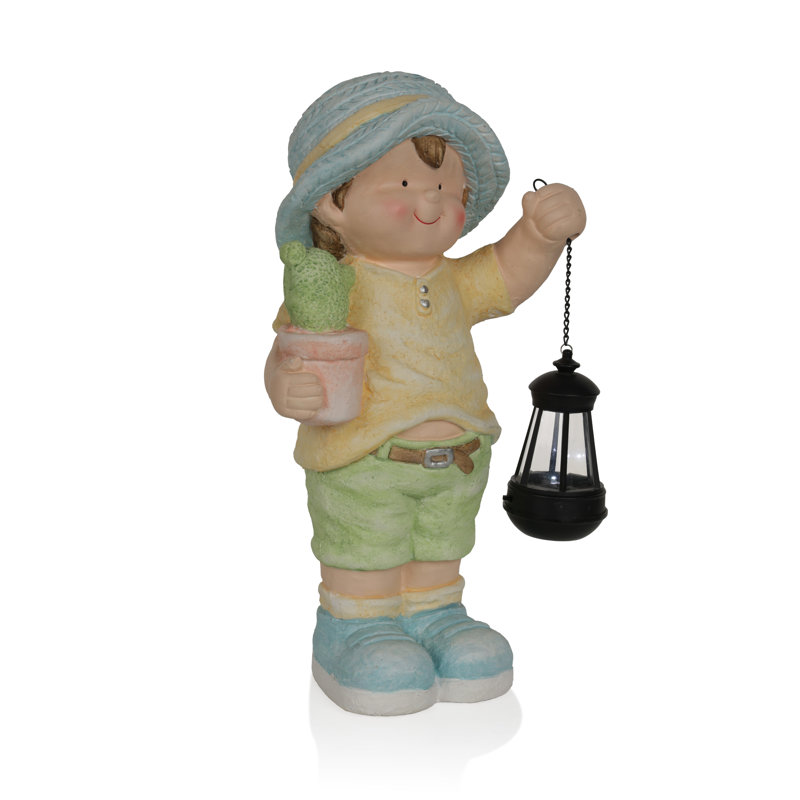 17"H Boy Holding Lantern Solar Statue with LED Lights