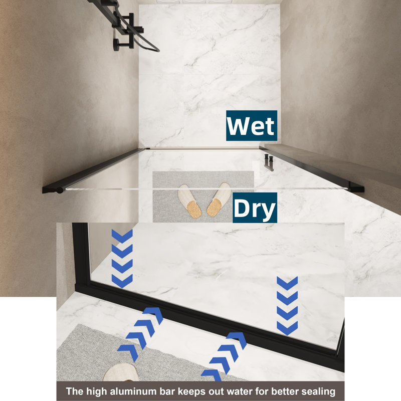 Porte de douche à pivot de luxe l 34 po x H 72 po - Demi-cadre noir mat, verre trempé de 6 mm et joint résistant à l'eau