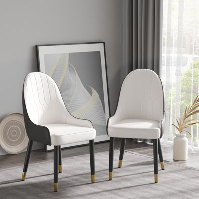 De 2 chaises de salle à manger modernes - rembourrage en polyuréthane blanc gris, pieds en bois massif, revêtement en cuir, confort ergonomique, économie d'espace, eau, revêtement de chambre d'une capacité de 280 lb, siège confortable en bois, tein