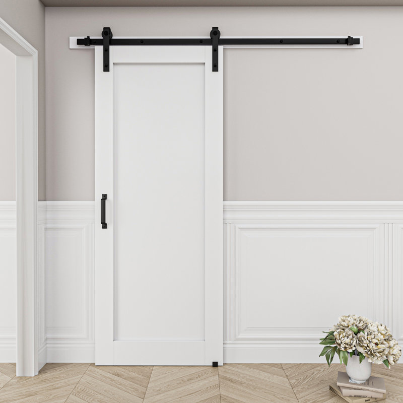 Solid Manufactured Wood  Panel White Primed Sliding Barn Door with Installation Hardware Kit(No Assembly Required), 32" x 80"