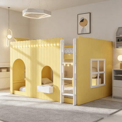 House Low Loft Bed With Lights, Built-In Door, Window & Storage Playhouse Bed