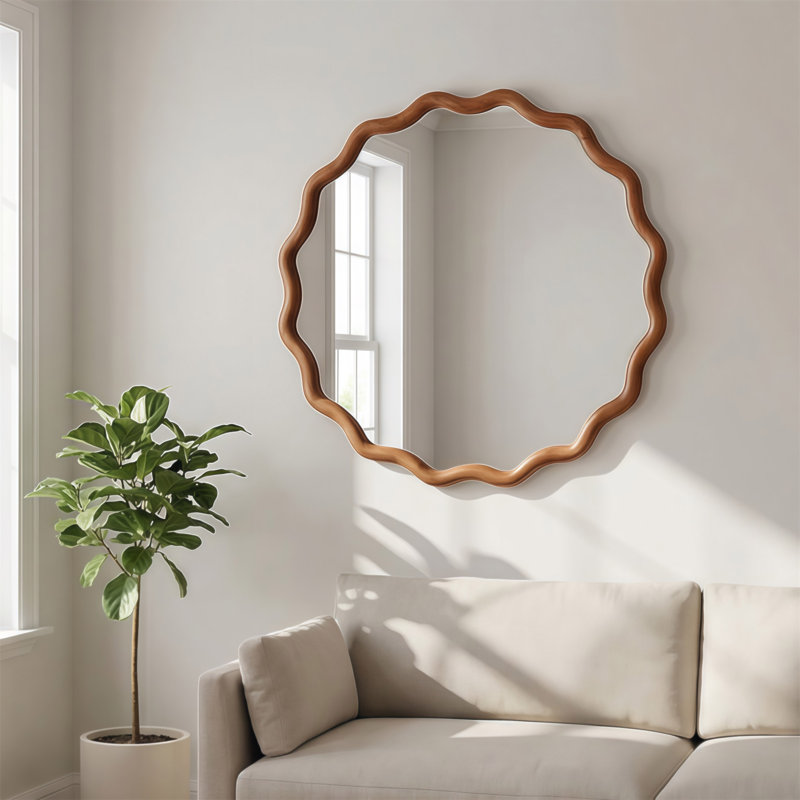 Miroir décoratif rond en bois massif Wavy, 36 po x 36 po, Brun jaune