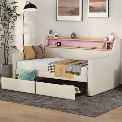 Twin Size Daybed With Storage Drawers, Upholstered Daybed With Charging Station And LED Lights -  Red Barrel Studio®, 0AEC788C02FE4C56BE415975F259B581