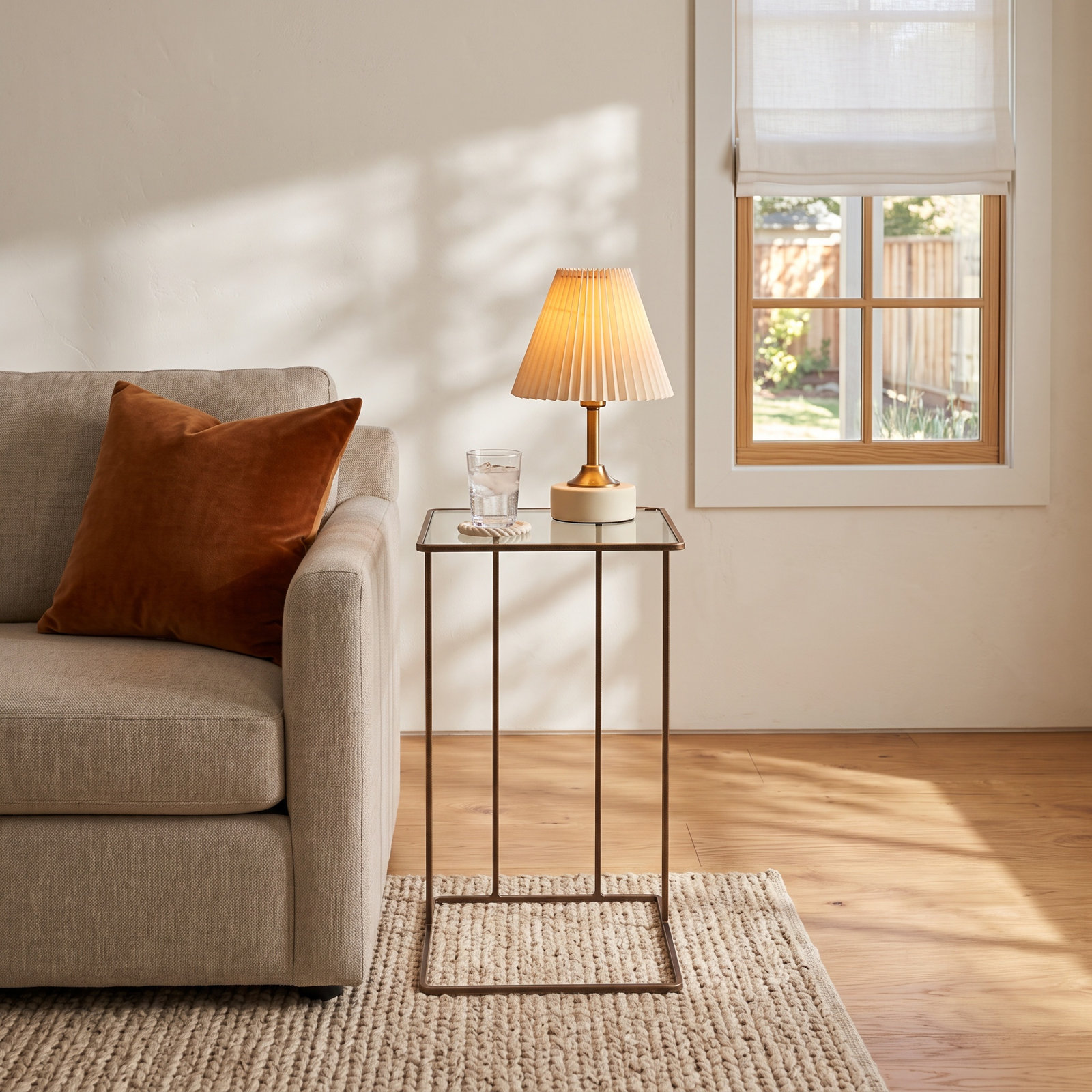 Margos End Table with Glass Top, Antique Gold