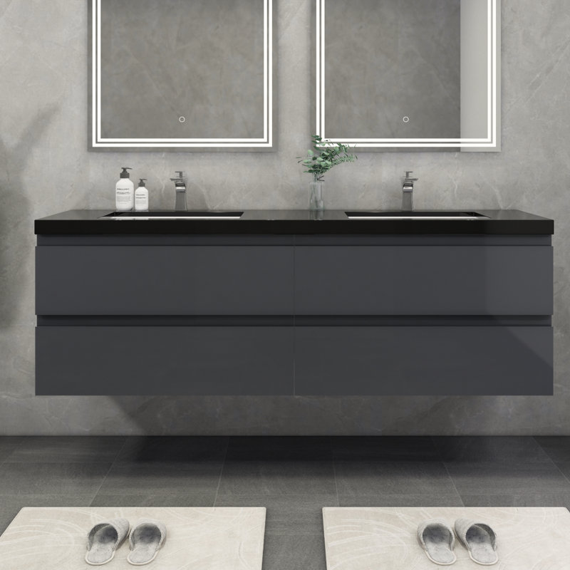 Kirker 72" Wall-Mounted Double Bathroom Vanity Set, Glossy Gray