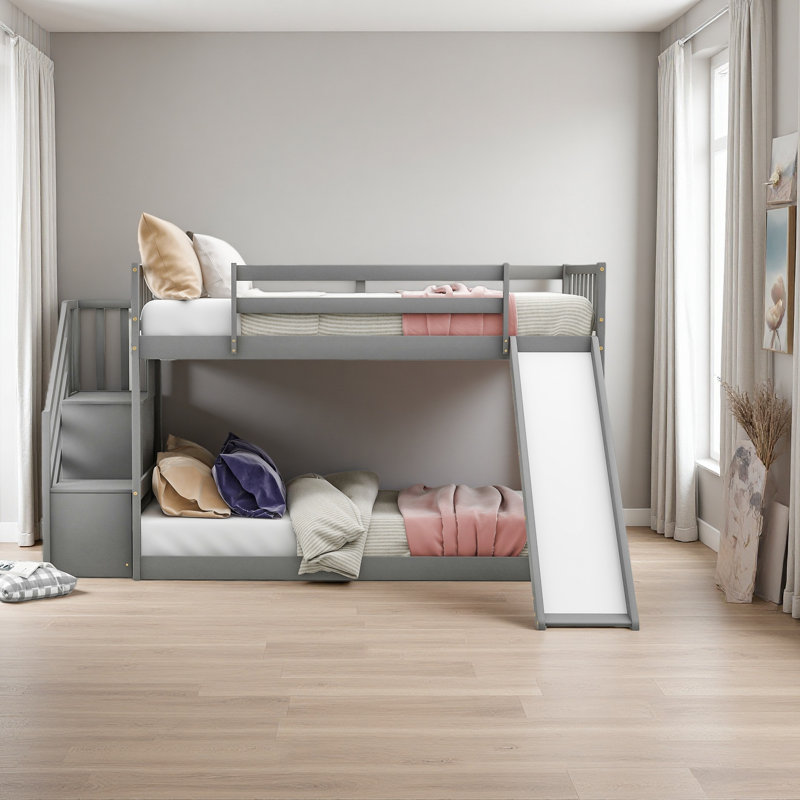 Lit superposé simple au-dessus de simple avec glissière convertible et escalier, Gris