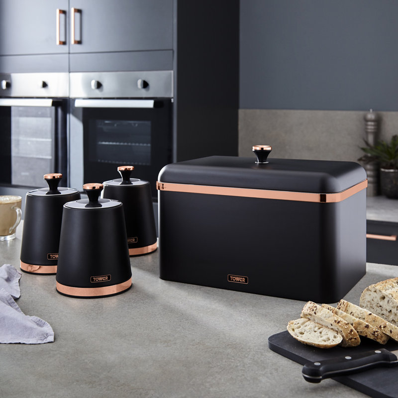 Tower Cavaletto Bread Bin with Removable Lid, Large Capacity and Durable Steel Body, Black