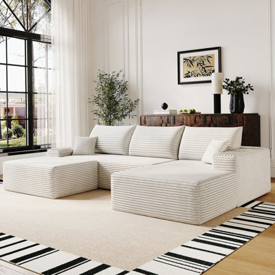 Canapé modulaire 107 po avec repose-pieds Cloud, canapé rembourré minimaliste moderne, canapé en U confortable pour le salon, canapé d'angle à siège profond, sans assemblage requis, velours côtelé moelleux, blanc