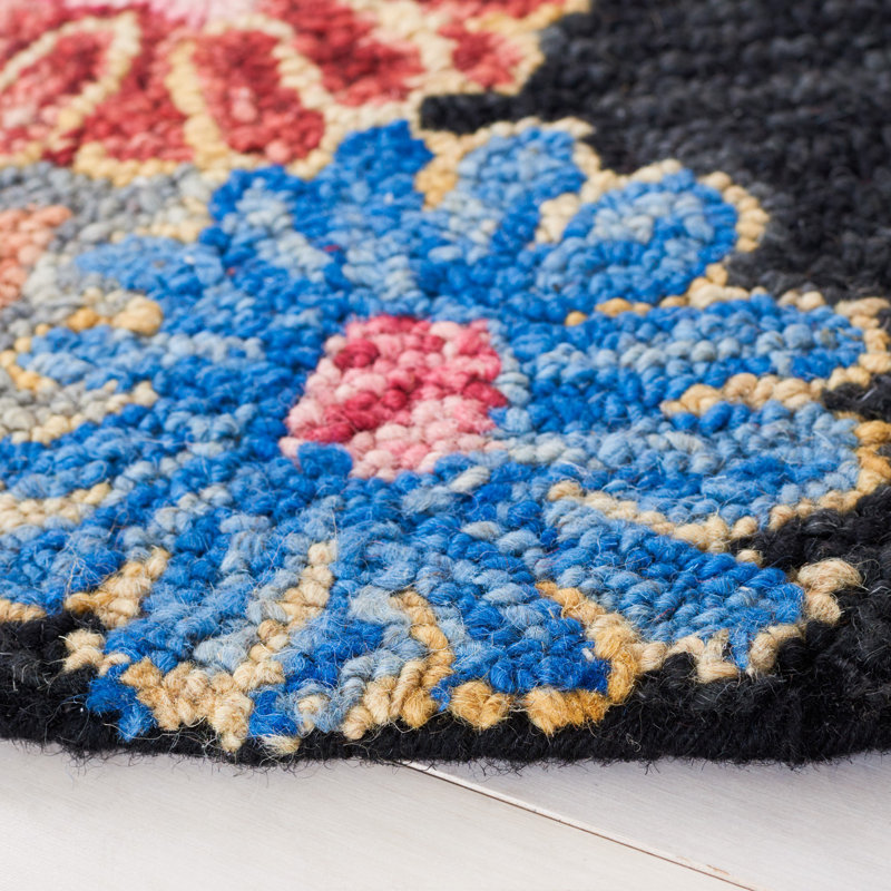 Delman Hand Tufted Wool/Cotton Floral Rug in Red/Charcoal, Round 6'