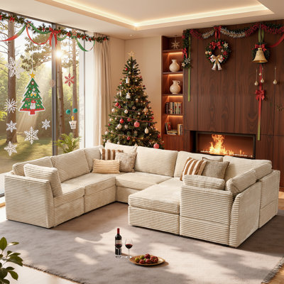Canapé modulaire de 103 po en forme de nuage, canapé modulaire en velours côtelé 8 pièces avec repose-pieds, canapé de Noël douillet sans assemblage beige / gris / noir