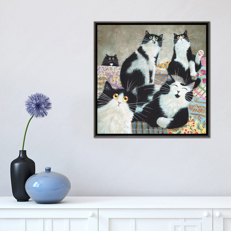 « Patchwork Cats » par Kim Haskins-reproduction d’art, Toile encadrée de bois rustique foncé, Pas de tapis