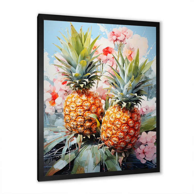 Pineapples Floral Bouquet II - reproduction d'art sur toile, H 32 po x l 24 po x P 1 po, Cadre photo noir