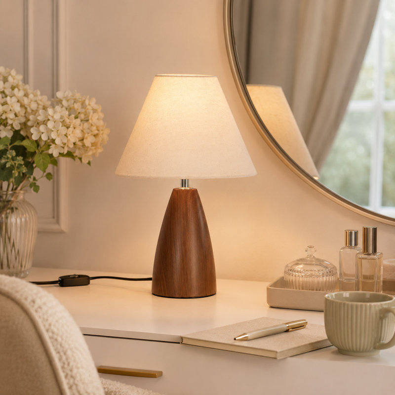 Lampe de table en noyer, lampe de chevet H 13,2 po avec abat-jour en tissu, interrupteur en ligne à 3 voies et ampoule E26 chaude incluse