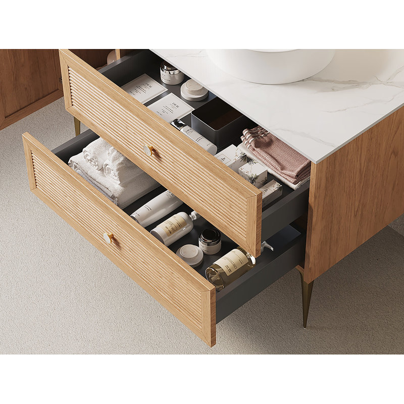 Armoire de salle de bain autoportante 48 po avec comptoir en pierre frittée blanc de Carrare, deux tiroirs et une porte (PAS de lavabo)
