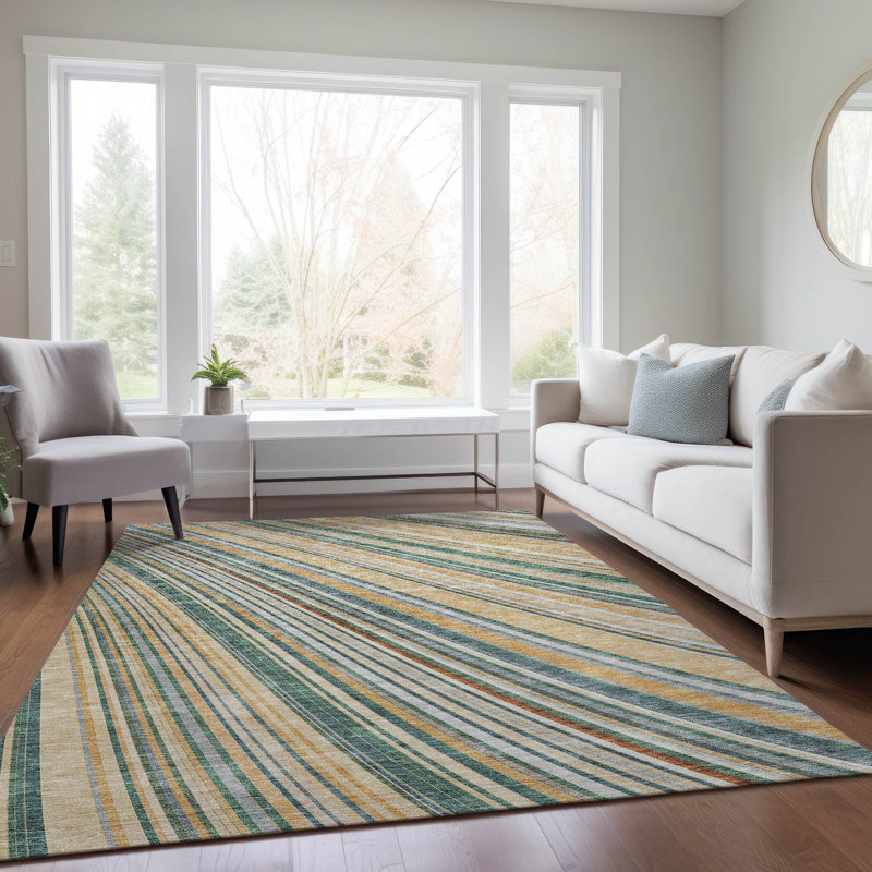 Beige and White Striped Synthetic 5' x 7' Washable Rug