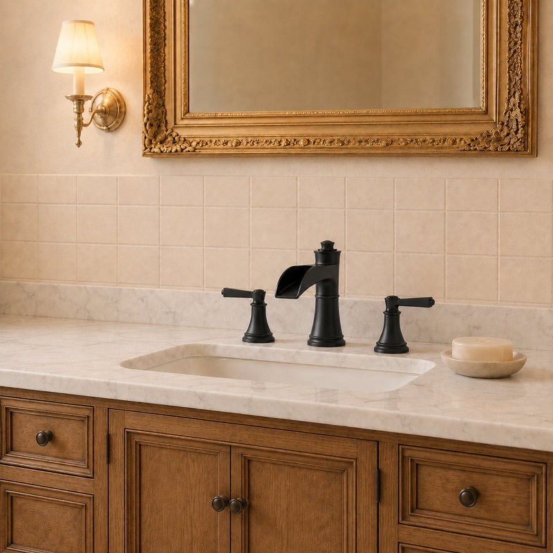Robinet de lavabo de salle de bain à deux poignées avec drain, Noir mat