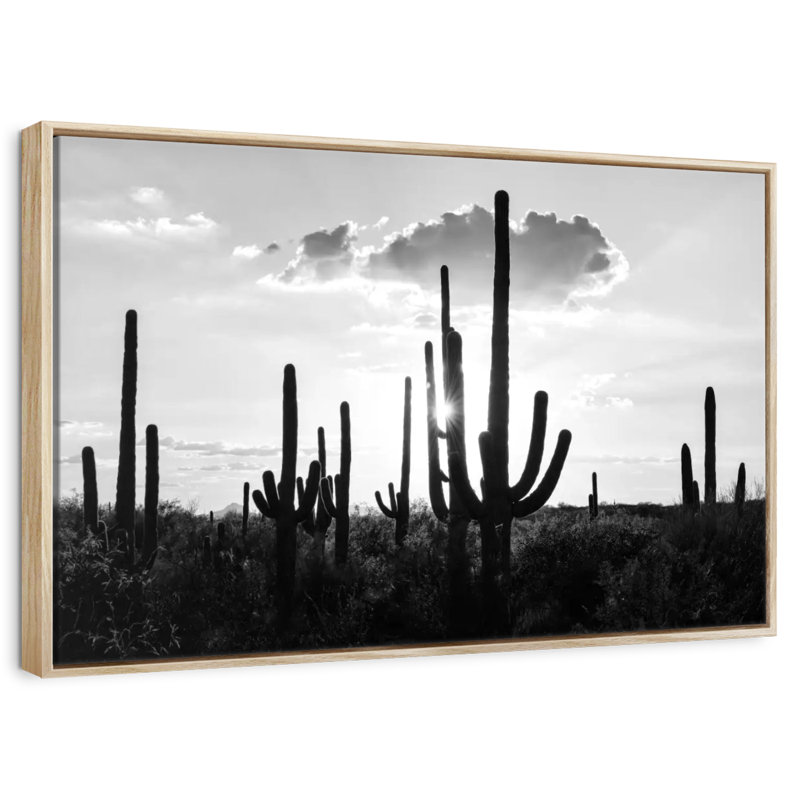 Arizona noir - Silhouettes de cactus, Cadre flottant en bois naturel, 31 po x 21 po