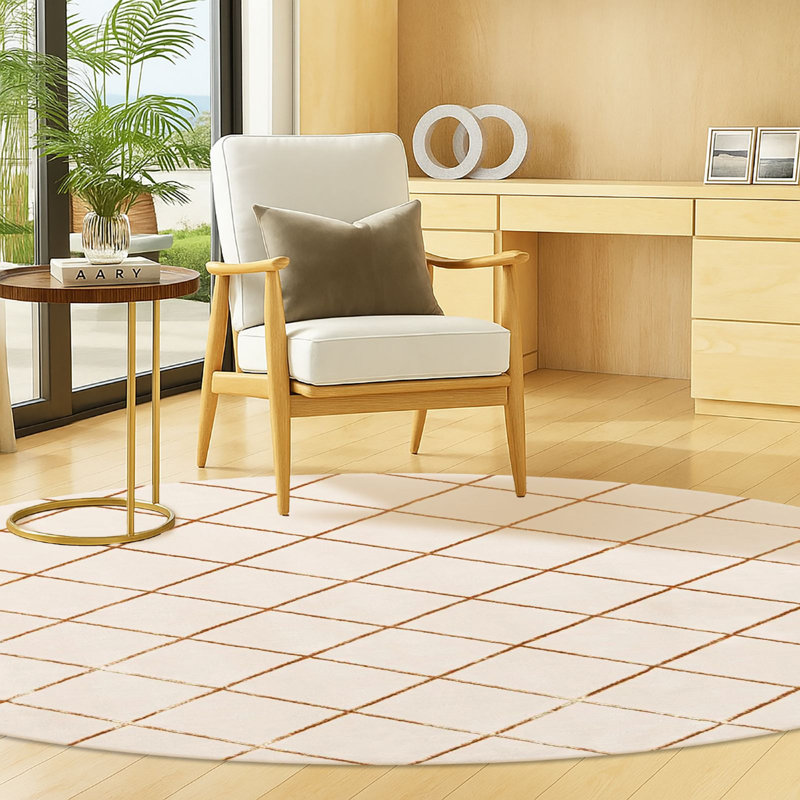 Tapis contemporain blanc et doré Etowah, Rond 3 pi 1 po