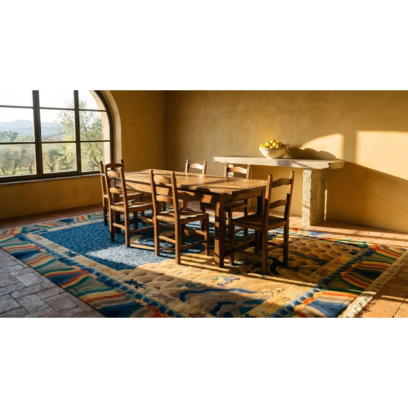 Tapis bleu antique multicolore en laine Art déco