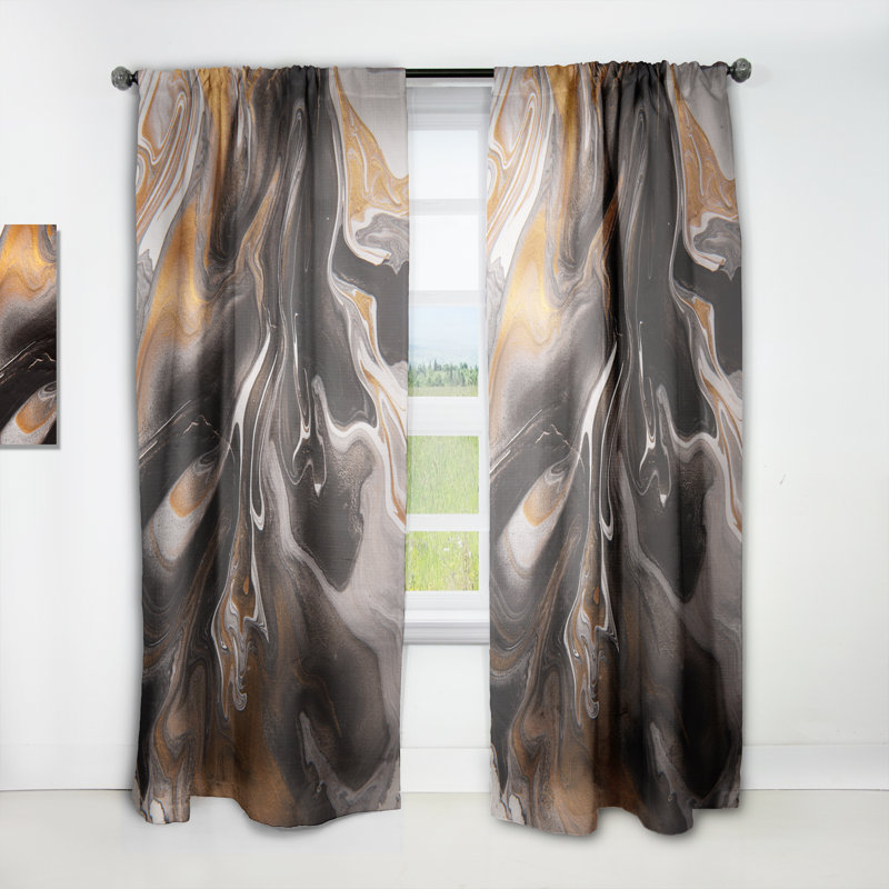 Panneau de rideau simple semi-diaphane abstrait orange et noir Marble Waves II
