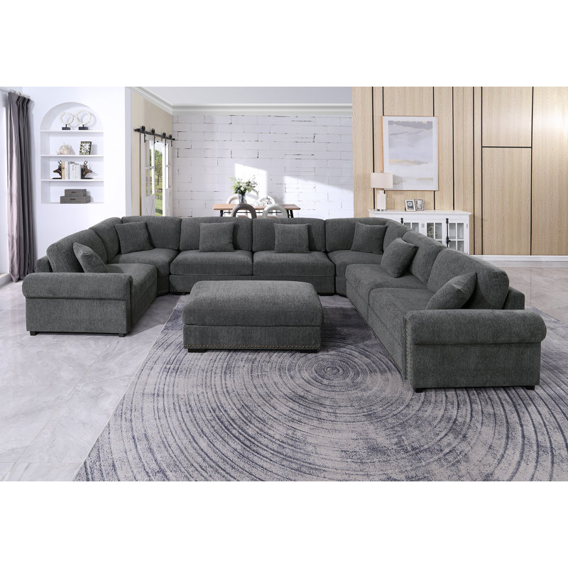 Grand canapé modulaire modulaire en chenille à 8 places avec accoudoirs cloutés, Chenille grise foncée