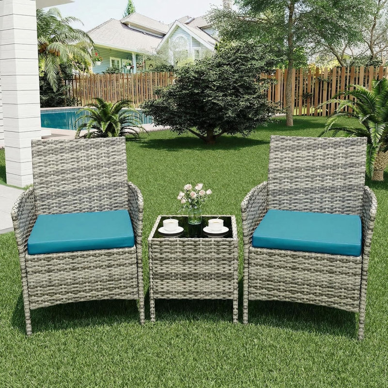 3-Piece Wicker Patio Set, Rattan Chairs, Glass Coffee Table, Cushions for Porch Garden, Blue, Gray