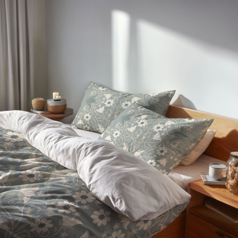 Ensemble d'édredon léger Colette, Motif floral bleu cendré, Édredon grand + 2 taies d'oreiller standard