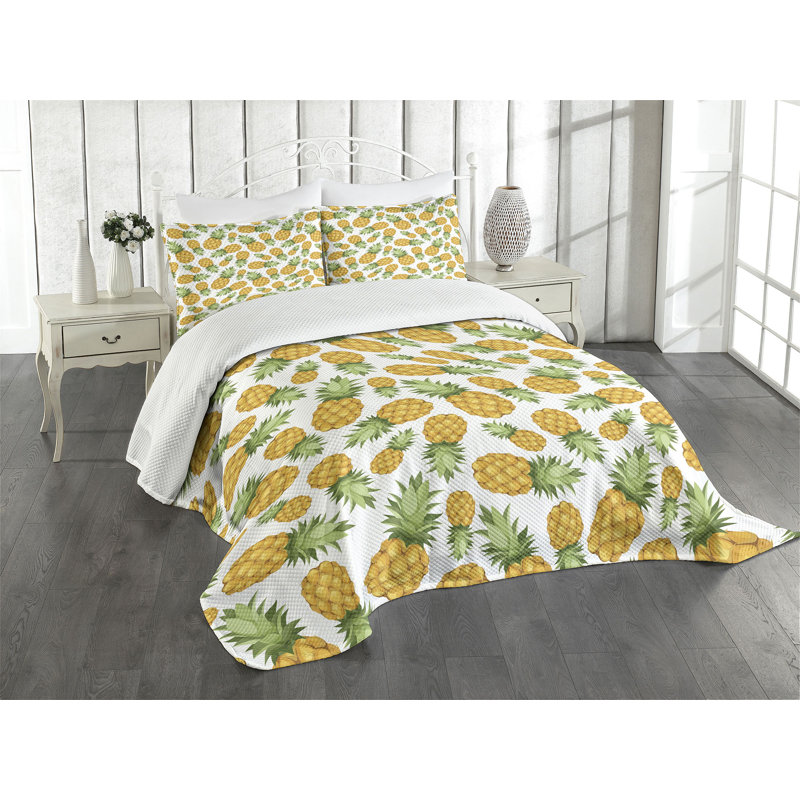 White and Yellow Pineapple Print Queen Bedspread Set