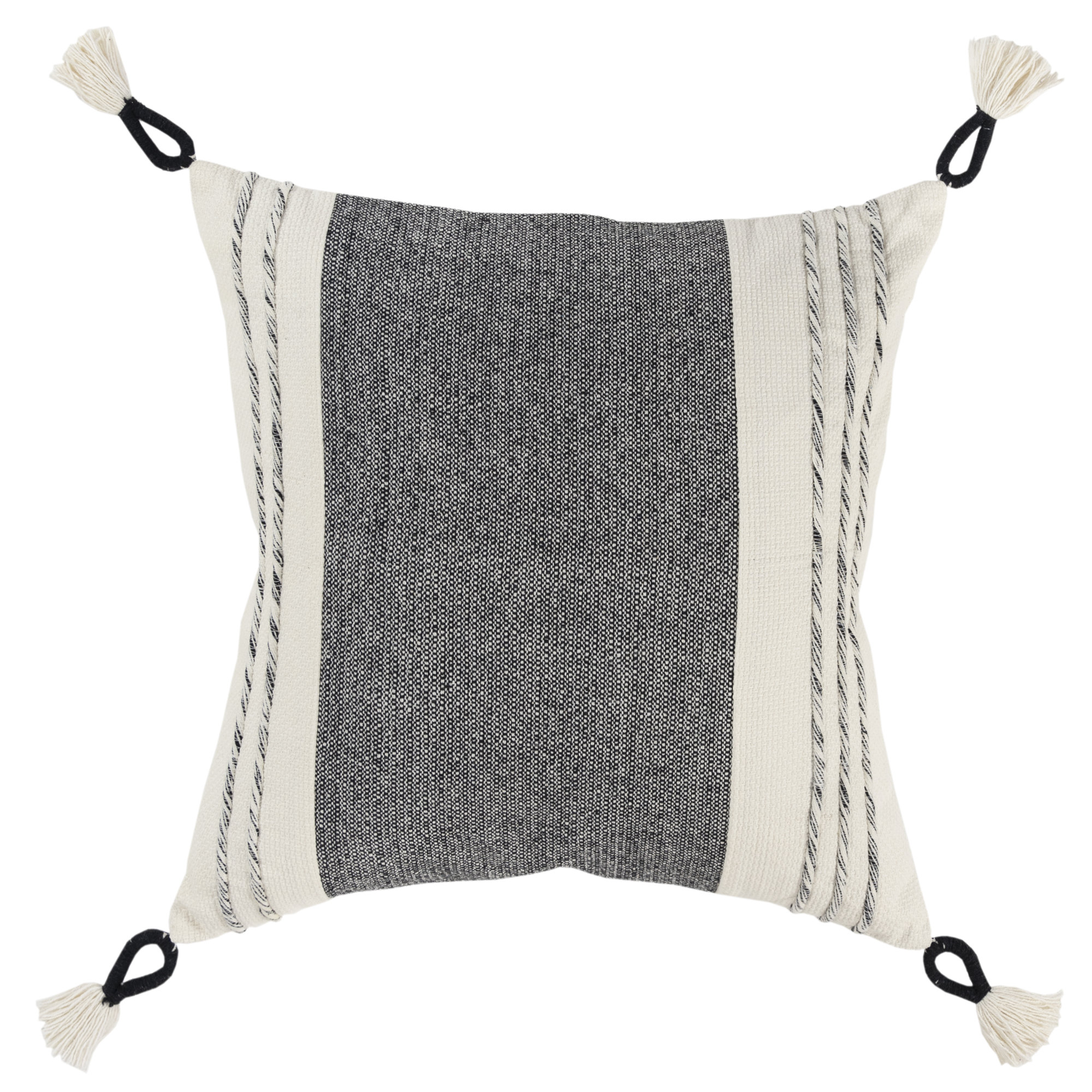 Tassels Cotton Throw Pillow, Black/White