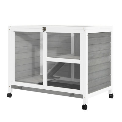 Cage à lapin compacte avec roulettes - imperméable, gris intérieur, bureau et table d'appoint. Bois imperméable pour 1 ou 2 lapins nains. 36 po de longueur x 21 po de largeur et 28,75 po de hauteur. Simple à déplacer