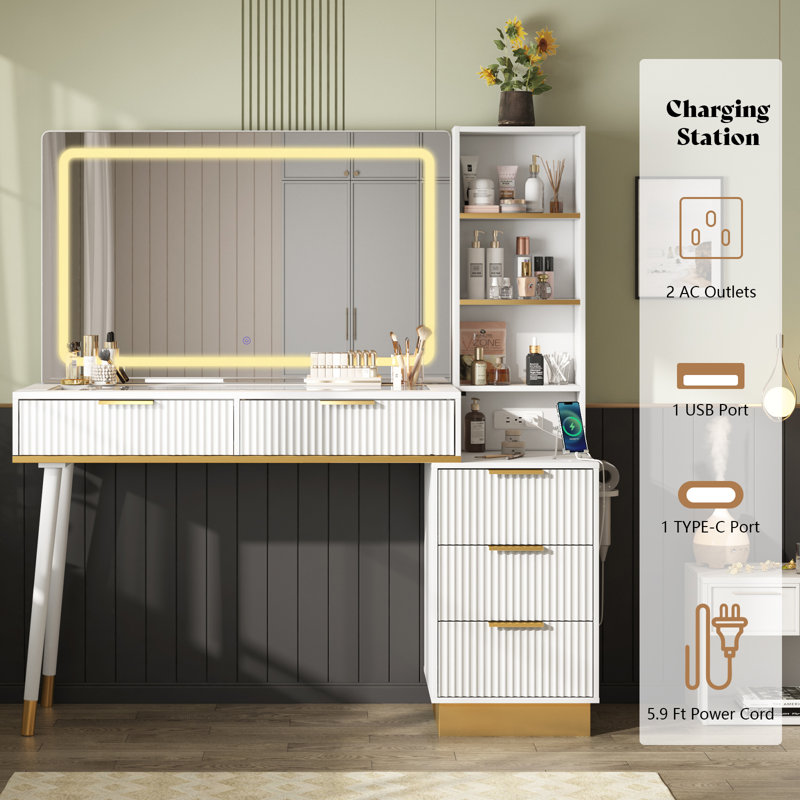 Mercer41 48" Vanity Desk with 35" Large Lighted Mirror, 5 Drawers & Shelves & Charging Station