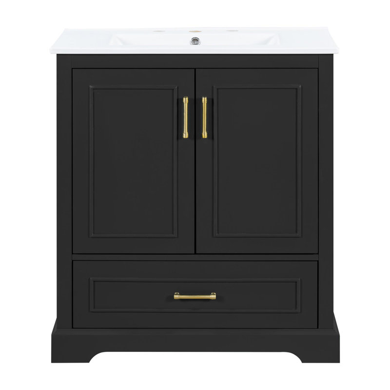 Meuble-lavabo de salle de bain avec lavabo en céramique, tiroirs compartimentés, portes à fermeture en douceur et tablette d'armoire